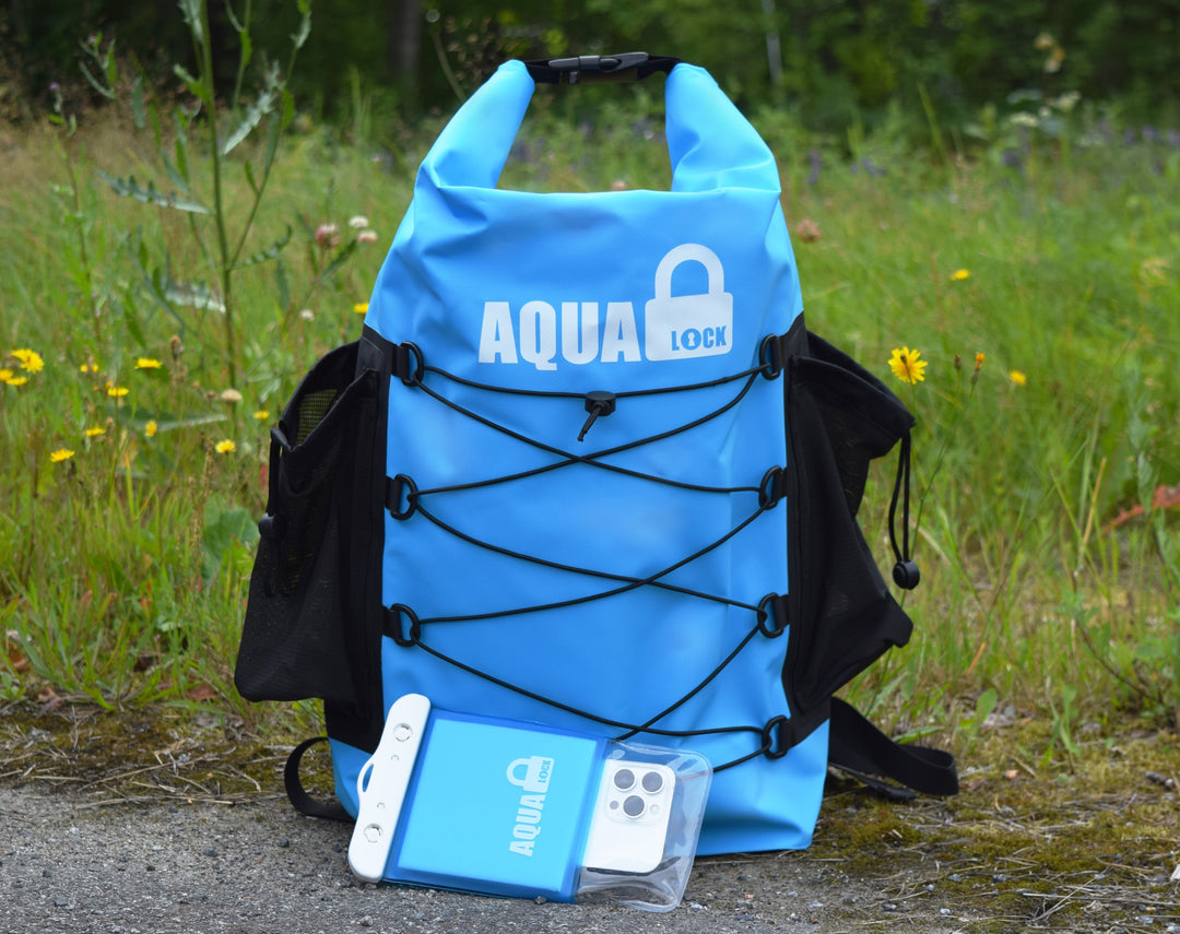 Aqualock turkoosi vesitiivis 35l reppu ja kelluttava vesitiivis kännykkäpussi